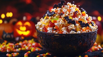 Halloween popcorn mix with gummy worms, candy corn, and chocolate bats arranged in a festive bowl, surrounded by eerie, glowing decorations.