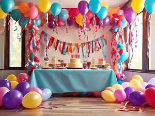 Wall Mural - Birthday party balloons and streamers, arranged in a vibrant and cheerful display. The bright colors and festive decorations create a joyful atmosphere for a birthday celebration.