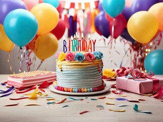 Wall Mural - An image of a birthday party table decorated with colorful balloons, streamers, and a birthday cake. The vibrant and cheerful decorations create a joyful atmosphere for a birthday celebration.