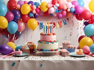 Wall Mural - Birthday party table decorated with colorful balloons, streamers, and a birthday cake. The vibrant and cheerful decorations create a joyful atmosphere for a birthday celebration.