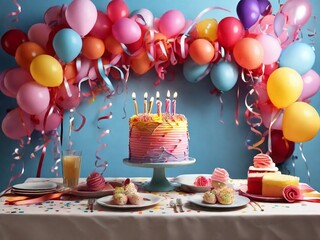 Party table decorated with colorful balloons, streamers, and a birthday cake. The vibrant and cheerful decorations create a joyful atmosphere for a birthday celebration.