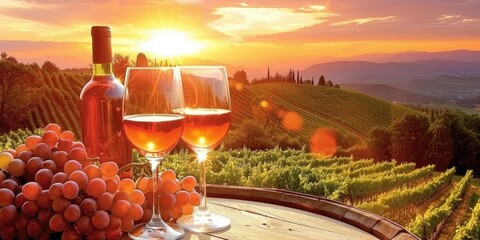 Enjoying a sunset over a vineyard with wine, grapes, and a bottle on a wooden barrel