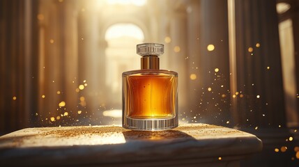 A bottle of perfume placed next to an ancient Greek column with golden light shining.