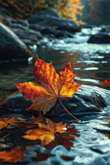 Autumn Serenity: A Single Maple Leaf Drifting on Dark Water. Maple leaf on a dark autumn water in the river. generative AI