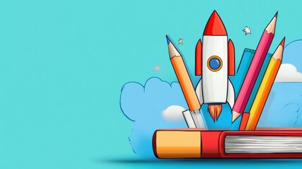 Poster - A cartoon rocket ship with pencils and books on top of it, AI