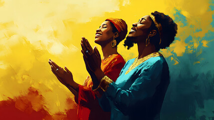 Religious black man and woman pray tto god, belief in the church and jesus christ, illustration of african religion background