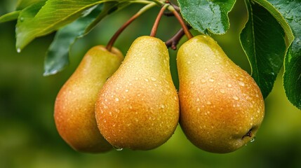 Three pears hanging from a tree with water droplets on them, AI