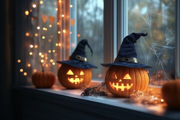 Three jack-o'-lantern pumpkins in witch hats sit on a windowsill with fairy lights and a spider web.