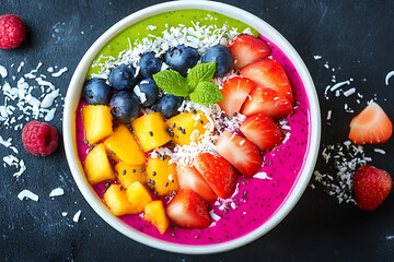 Wall Mural - A colorful smoothie bowl topped with fresh fruits and coconut flakes.