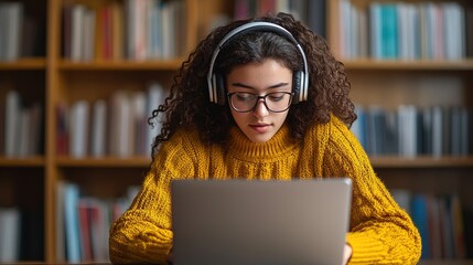 Wall Mural - A student using headphones and a laptop, fully engaged in a virtual learning environment