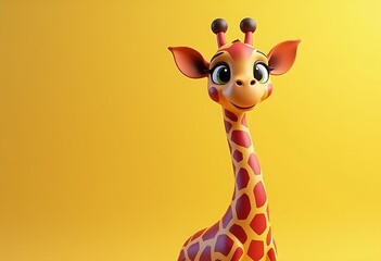 Cute smiling giraffe cartoon character isolated on yellow background with copy space, wild animal character concept