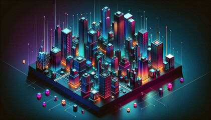 abstract futuristic city, neon-lit glowing cubes and platforms, cyber futuristic architecture, geometric shapes, synthwave neon colors, cyberpunk style, digital utopia, virtual reality world, retro vi