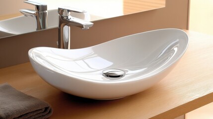 Poster - A modern shaped bowl sink on a wooden counter with towel, AI