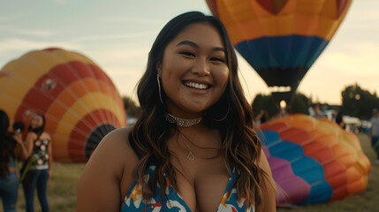 Wall Mural - An adventurous young woman grins excitedly while preparing to board a hot air balloon at sunrise 