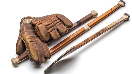 Vintage hockey equipment, isolated on a white background, featuring old-fashioned wooden sticks and leather gloves, 32k, full ultra HD, high resolution