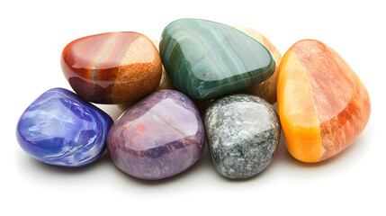 close up of a group of chakra balancing stones isolated on a white background, healing gemstone concept