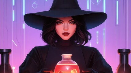 A cyberpunk witch brewing a potion in a futuristic lab with glowing ingredients