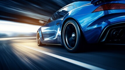 Wall Mural - Movement shot of fast blue car driving on asphalt road with high speed. Neural network ai generated art