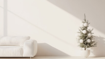 Wall Mural - Aesthetic white minimalist interior with sofa and small new year tree decorated with white balls. Generative AI