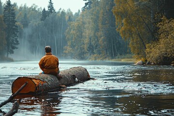 ai generative man riding a log on the river