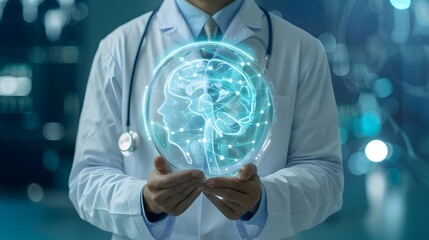 Doctor showing symbol of human brain at futuristic illisturation. Network brain  model in hand of doctor, Concept for medicine, neurologist, alzheimer's disease	
 Medical technology concept