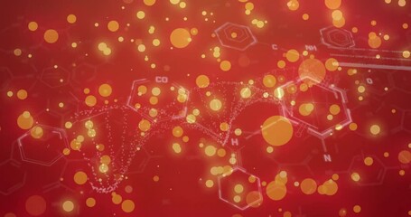 Wall Mural - Chemical structures and molecular bonds over red background with glowing particles