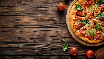 Poster - Delicious pizza served on wooden table