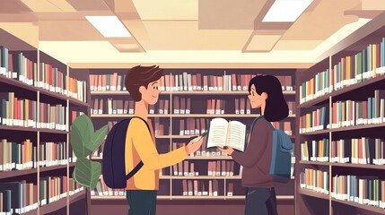 Wall Mural - A teacher recommending a book to a student in a school library, with rows of bookshelves in the background