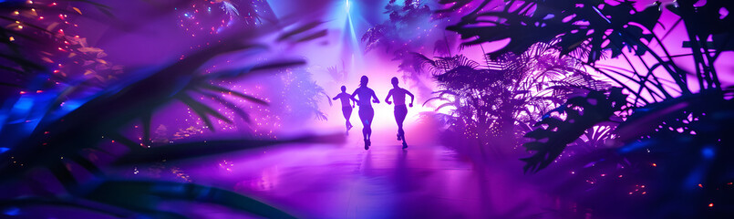 Wall Mural - An exciting visual of athletes in movement and with a backdrop of a vibrant neon jungle with glowing flora. Sports life concept. Advertising. 