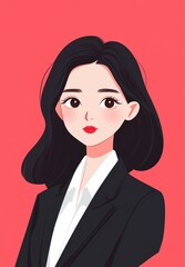 Poster - A charming cartoon avatar of a woman in a chic business suit, blending dreamy and cute elements with a professional flair.