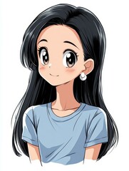 Poster - A charming animestyle girl with long black hair, donning a blue and white outfit, radiating innocence against a gray backdrop.