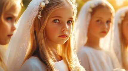 Canvas Print - A group of young girls dressed in white with veils on their heads, AI