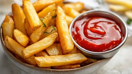 Poster - A bowl of french fries and ketchup on a white table, AI