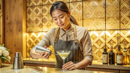 Sticker - beautiful asian woman in gray apron preparing cocktail