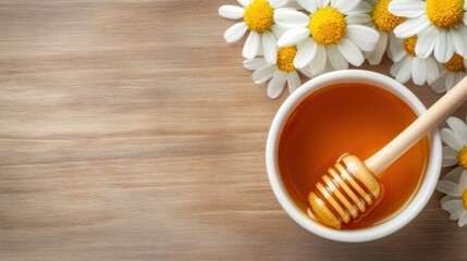 Poster - A bowl of honey with a wooden spoon and some flowers, AI