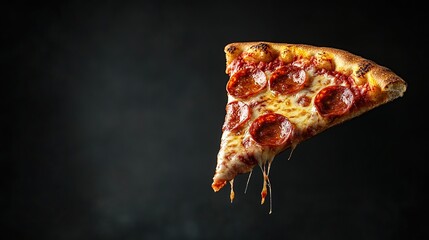 A Slice of Pepperoni Pizza with Melted Cheese on Black Background