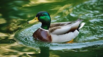 Duck's spring swim in emerald water