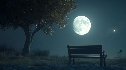 Wall Mural - Quiet bench beneath a full moon, nearby tree gently swaying picture