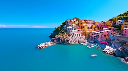 Walk along the Cinque Terre coastline in Italy, a series of colorful cliffside villages overlooking the Mediterranean Sea. 