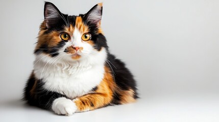 A calico cat with a white face and patches of black and orange fur sits calmly on a white surface.  The cat stares off into the distance, looking relaxed and peaceful.