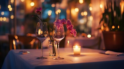 In a restaurant setting, a luxurious dinner meet immerses viewers in the cozy ambiance of a bustling luxury restaurant. Background with blurred flowers and candles