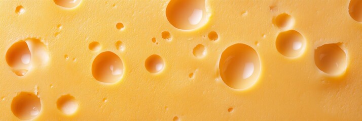 Texture of yellow cheese with large holes close up. Detailed photo of cheese surface in macro