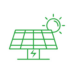 Green Solar Panel Line Icon with Sun on Transparent Background