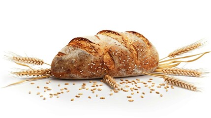 A realistic bakery icon with a loaf of bread and wheat stalks on a clean white background.