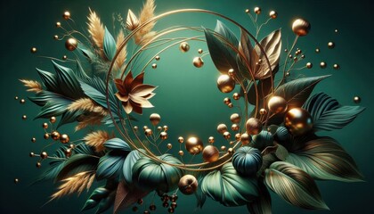 intricate ornamental botanical composition, golden spherical fruits and berries, leaves and branches, dark green backdrop with vignette