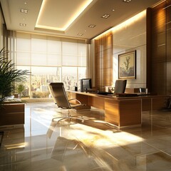 Canvas Print - Modern office with large windows, wood desk, and city views.