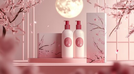 A set of two bottles, with cherry blossom elements on the background.