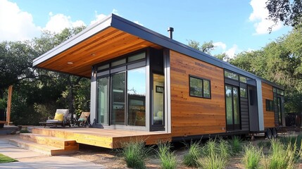 Sticker - Modern tiny house with wooden siding and large windows.