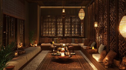 Wall Mural - Moroccan style living room with lanterns and candles on the coffee table.