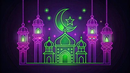 Poster - ramadan line art green and purple neon color iso Generative ai